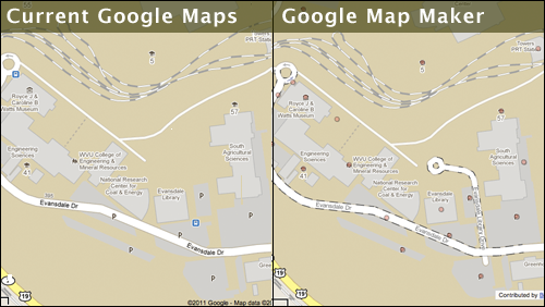 Current Google Maps versus Google Map Maker Comparison of the Evansdale Campus