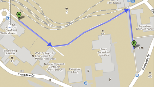 A Google Map showing walk between a campus building and a parking lot.