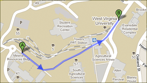 A Google Map showing walk between two buildings.