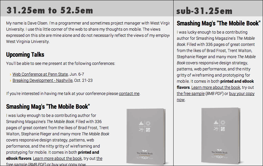 Comparison of book layout on small and medium viewports